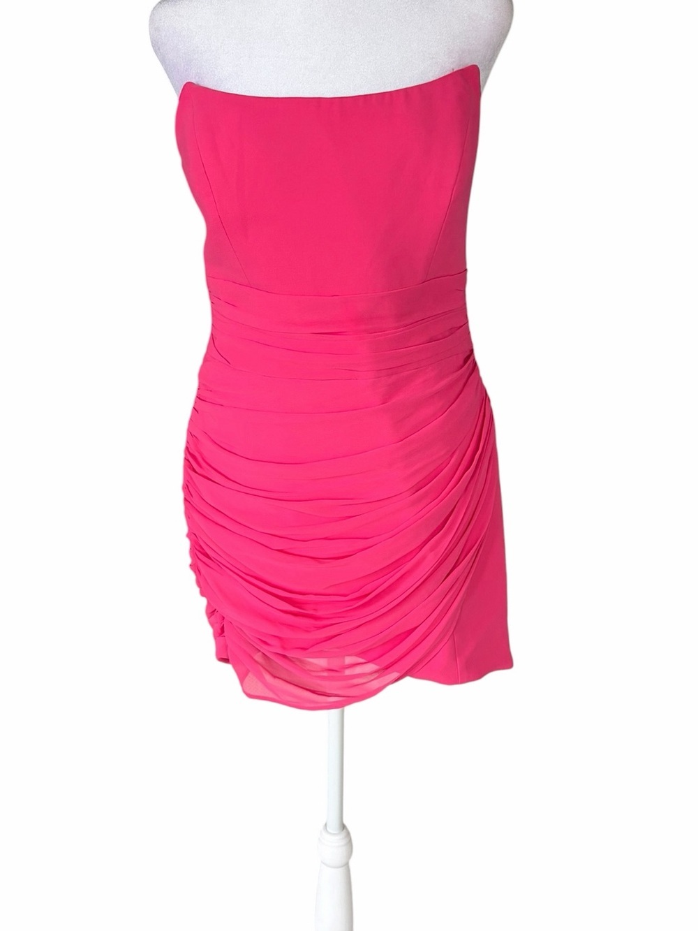 Strapless Ruched Wrap Mini Dress in Fuchsia Pink - Picture 2 of 5